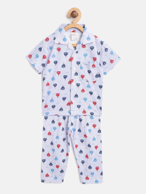 

NAUTI KIDZ Boys Blue & White Checked Night Suit with Boat Print Detail
