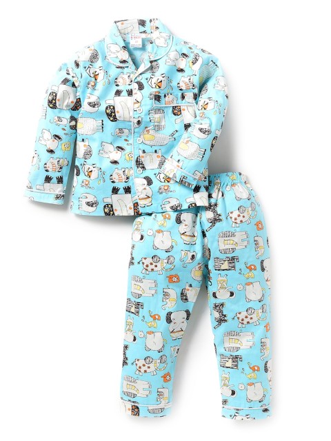 

NAUTI KIDZ Boys Blue & White Elephant Printed Night Suit