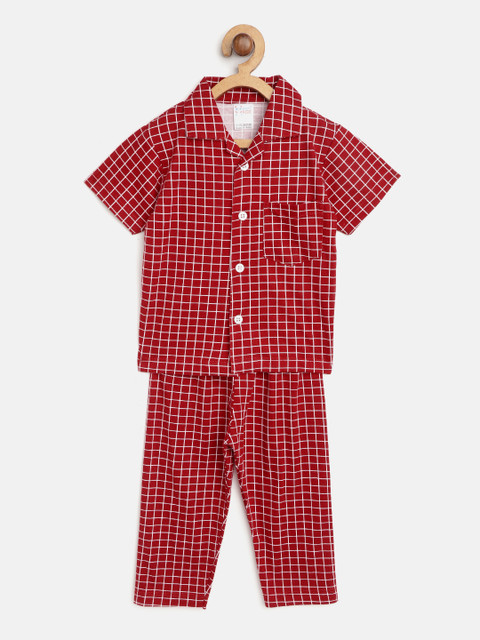 

NAUTI KIDZ Boys Red & White Checked Night Suit