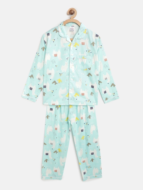 

NAUTI KIDZ Boys Sea Green & White Conversational Print Night Suit