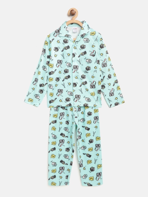 

NAUTI KIDZ Boys Sea Green & Black Printed Night Suit