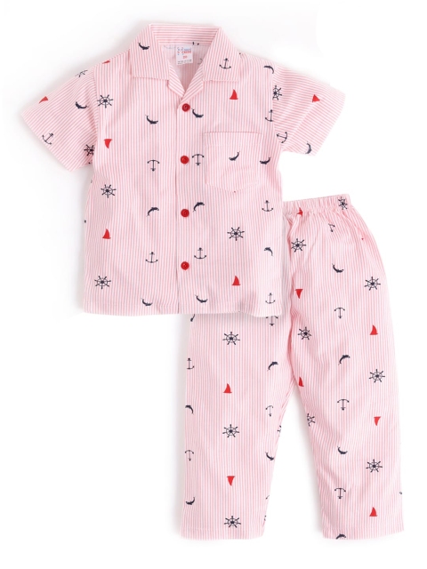 

NAUTI KIDZ Boys White & Peach-Coloured Striped Night Suit with Nautical Print Detail