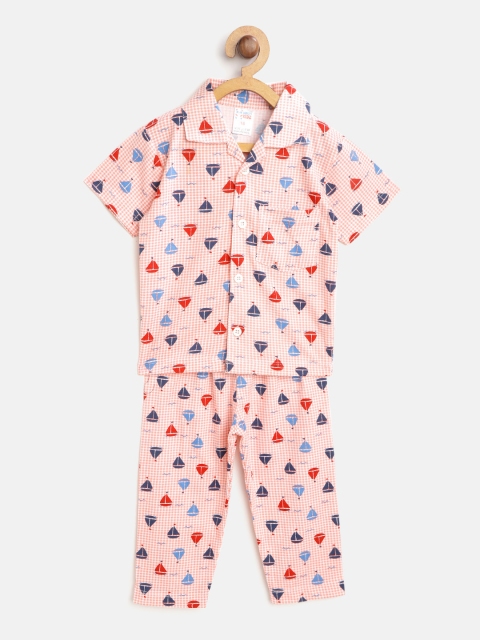 

NAUTI KIDZ Boys Peach-Coloured & White Checked Night Suit with Printed Detail