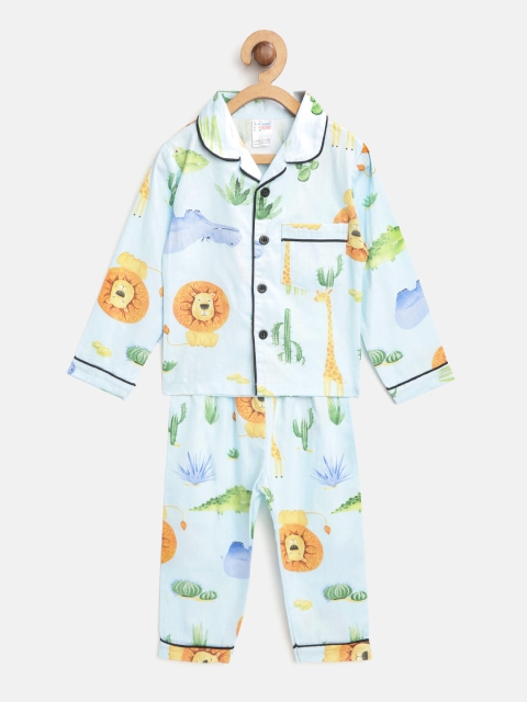 

NAUTI KIDZ Boys Blue & Mustard Yellow Conversational Print Night Suit