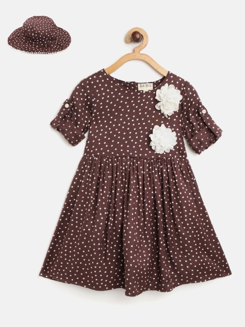 

Bella Moda Girls Coffee Brown & White Polka Dot Print A-Line Dress with Hat