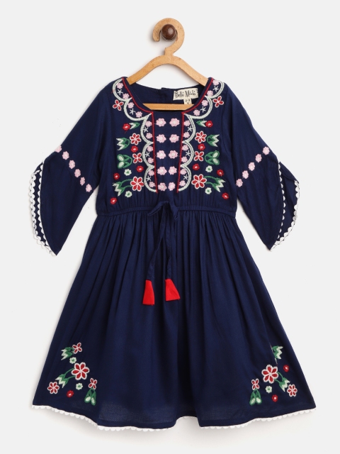 

Bella Moda Girls Navy Blue & Pink Floral Embroidered A-Line Dress
