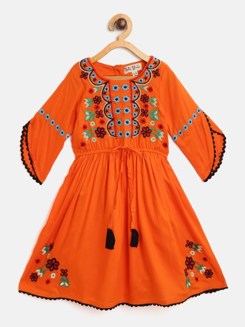 

Bella Moda Girls Orange & Blue Floral Embroidered A-Line Dress