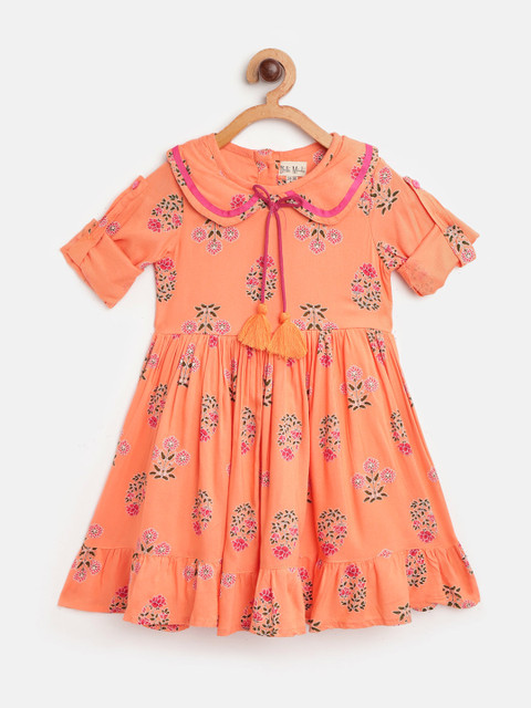 

Bella Moda Girls Orange & Pink Floral Print A-Line Dress with Briefs