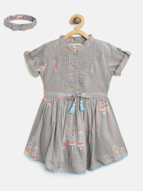 

Bella Moda Girls Grey & Blue Checked & Printed A-Line Dress with Hairband