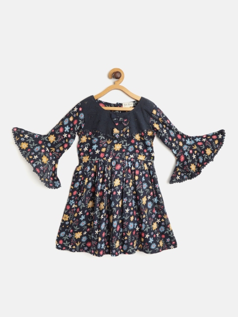 

Bella Moda Girls Navy & Pink Floral Print A-Line Dress with Bell Sleeves, Navy blue