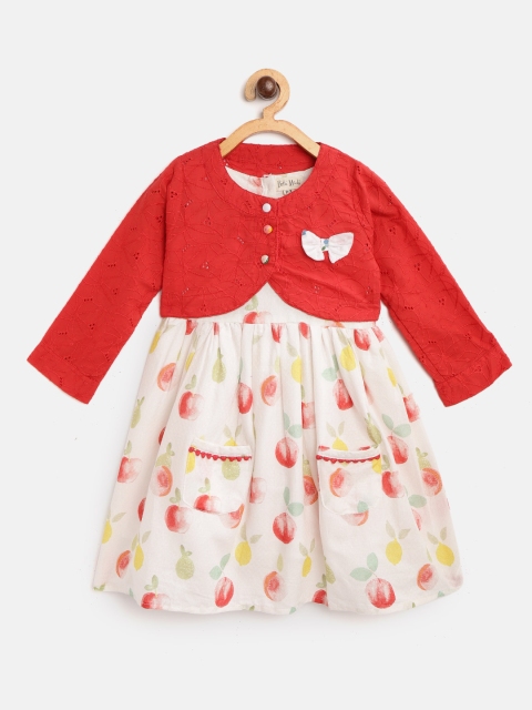 

Bella Moda Girls White & Red Fruits Print A-Line Dress with Schiffli Embroidered Shrug