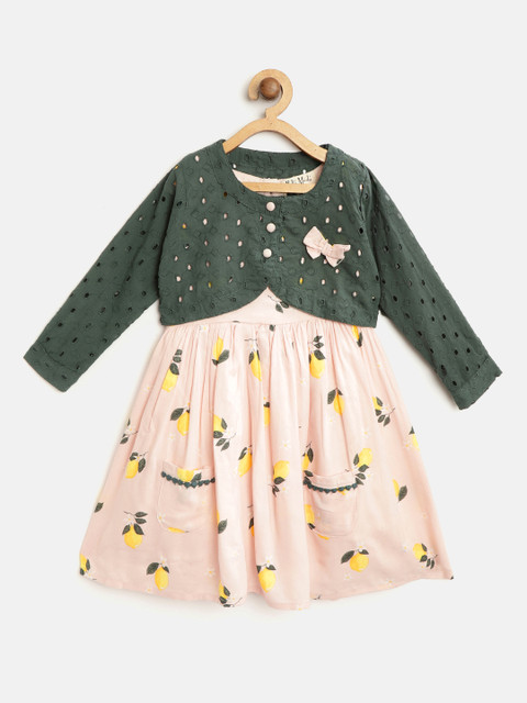 

Bella Moda Girls Peach-Coloured & Yellow Lemon Print A-Line Dress with Schiffli Shrug
