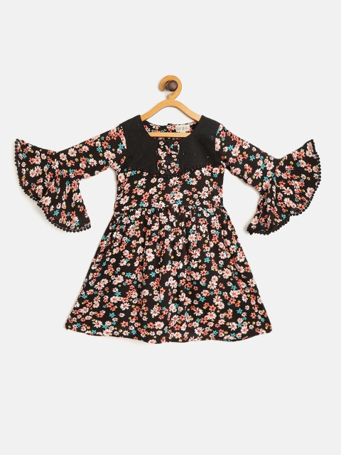 

Bella Moda Girls Black & Peach-Coloured Floral Print A-Line Dress with Bell Sleeves