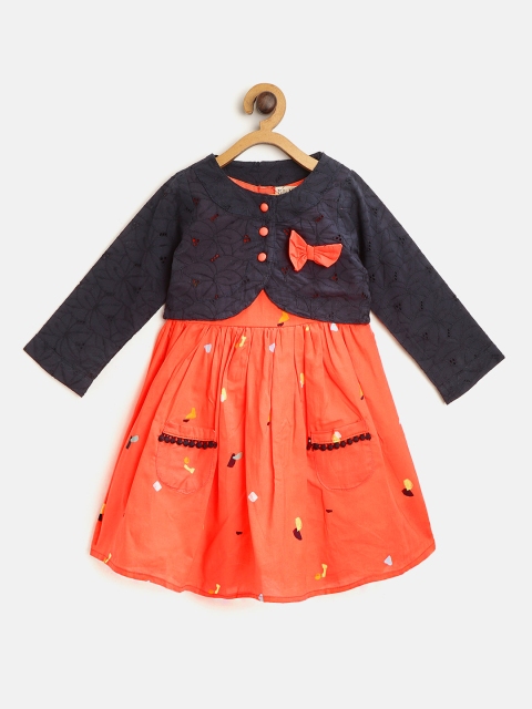 

Bella Moda Girls Orange Printed A-Line Dress with Schiffli Embroidered Shrug