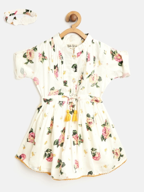 

Bella Moda Girls White & Pink Floral Print Fit & Flare Dress with Hairband