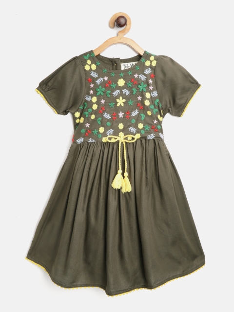 

Bella Moda Girls Olive Green & Yellow Embroidered Fit and Flare Dress