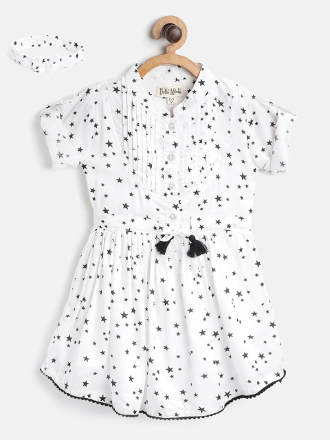 

Bella Moda Girls White & Black Star Print A-Line Dress with Hairband