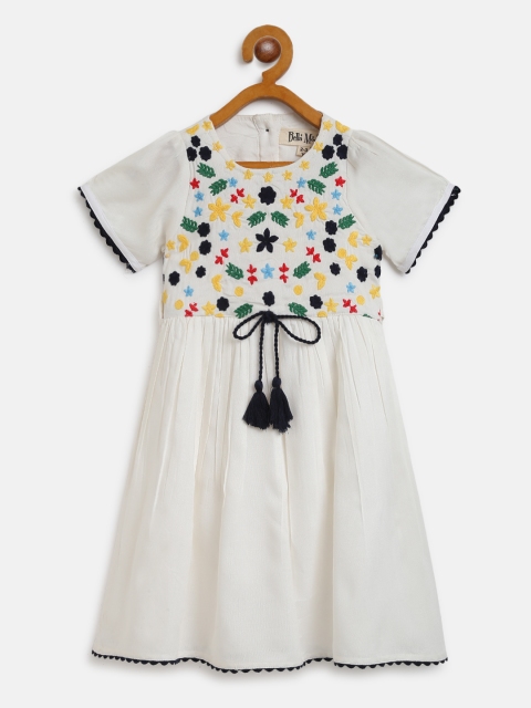 

Bella Moda Girls White & Navy Blue Floral Embroidered A-Line Dress