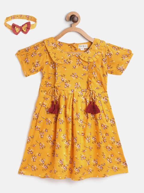 

Bella Moda Girls Mustard Yellow & Maroon Floral Print A-Line Dress with Hairband