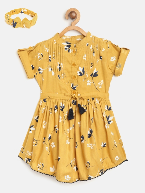 

Bella Moda Girls Mustard Yellow Floral Printed Fit & Flare Dress with Hairband