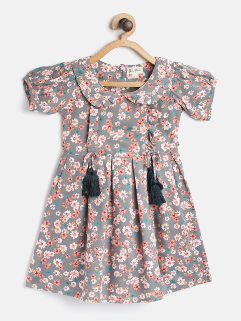 

Bella Moda Girls Grey & Peach-Coloured Floral Print A-Line Dress