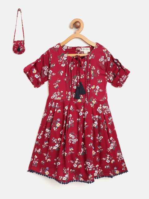 

Bella Moda Girls Maroon Floral Printed A-Line Dress with Sling Bag