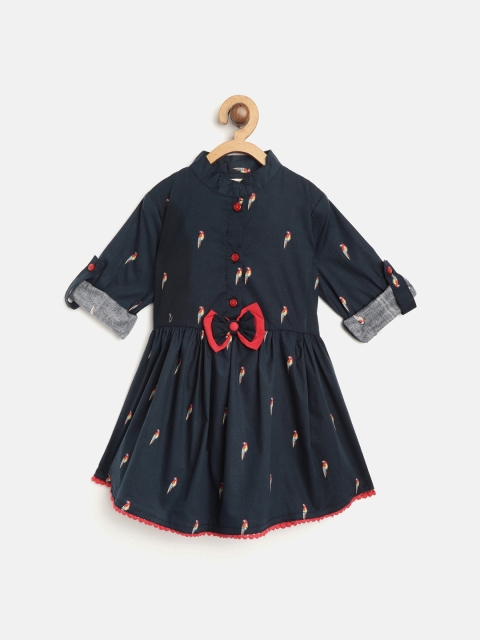 

Bella Moda Girls Navy Blue Parrot Printed A-Line Dress