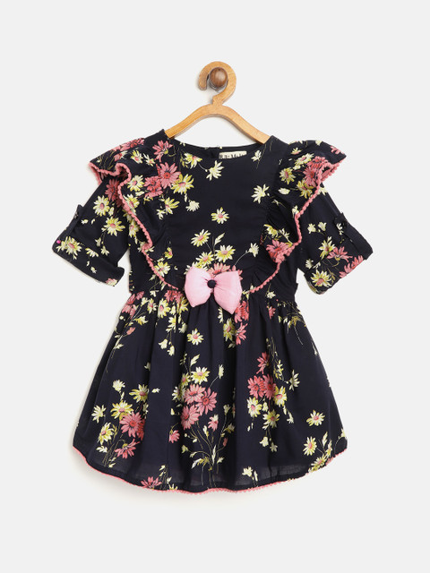 

Bella Moda Girls Navy Blue & Pink Floral Printed Fit & Flare Dress