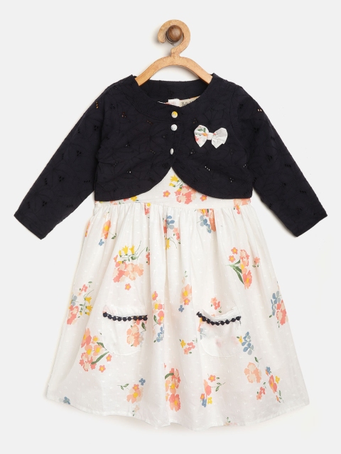 

Bella Moda Girls White & Navy Blue Floral Printed A-Line Dress with Shrug