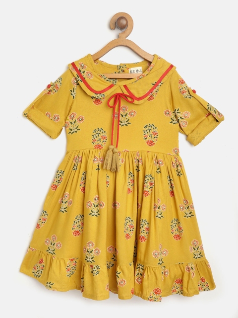 

Bella Moda Girls Mustard Yellow Floral Printed A-Line Dress with Briefs