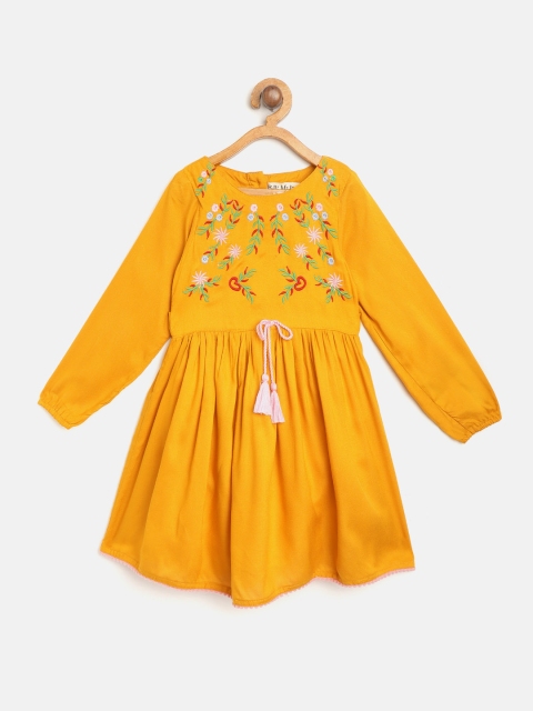 

Bella Moda Girls Mustard Yellow Floral Embroidered A-Line Dress