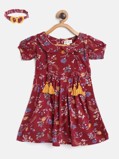 

Bella Moda Girls Maroon & Blue Floral Print A-Line Dress with Hairband