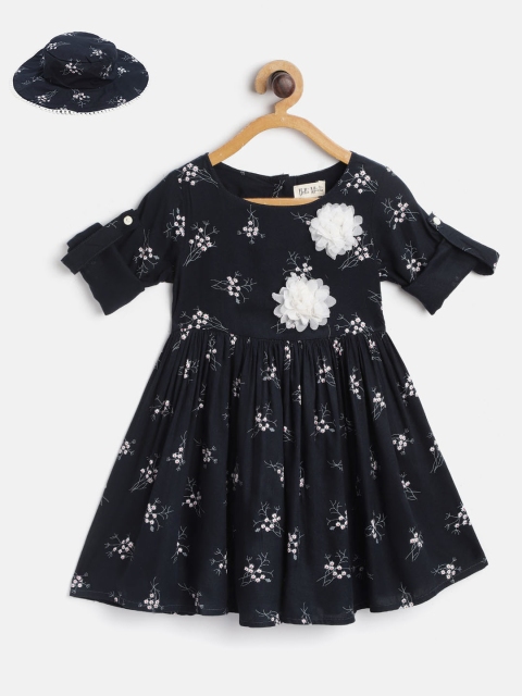 

Bella Moda Girls Navy Blue & White Floral Print Fit & Flare Dress with Hat