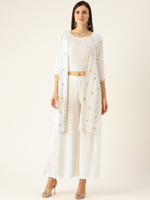 

Nayo Women Off-White Solid Crop Top with Palazzos & Embroidered Shrug