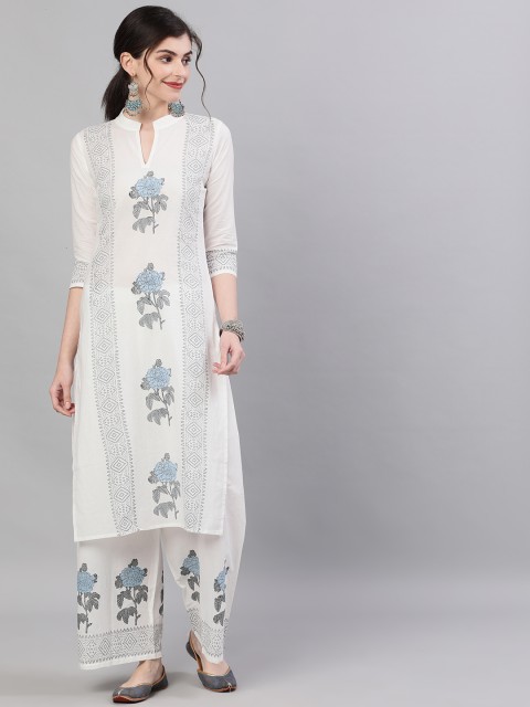 

Nayo Women White & Blue Floral Print Kurta with Palazzos
