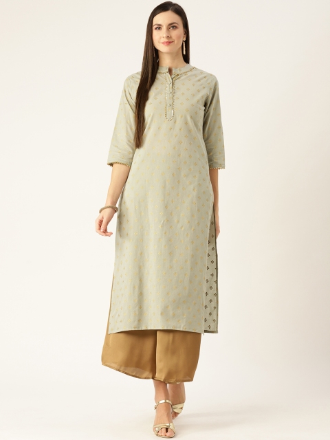 

Nayo Women Grey & Golden Ethnic Print Straight Kurta