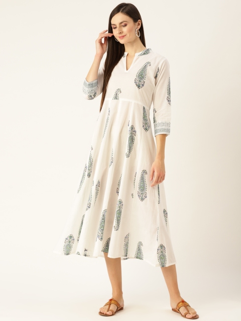 

Nayo Women White & Green Paisley Print Midi Dress