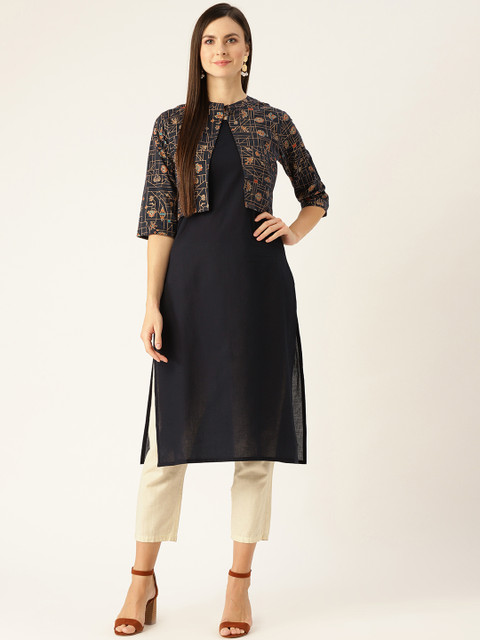 

Nayo Women Navy Blue & Golden Printed Layered Straight Kurta with Attached Shrug
