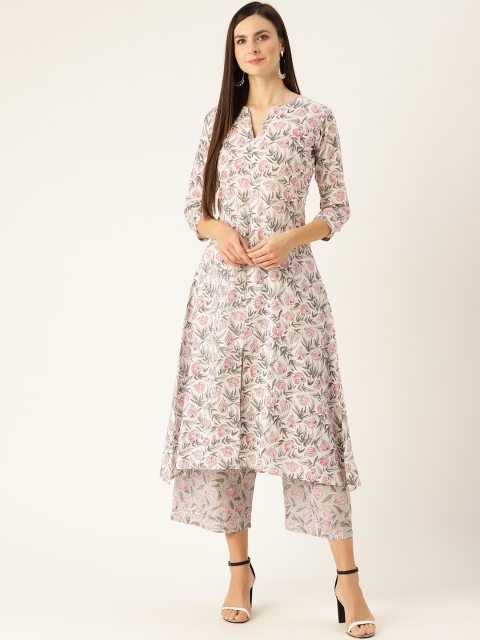 

Nayo Women Off-White & Pink Floral Print A-Line Kurta with Palazzos