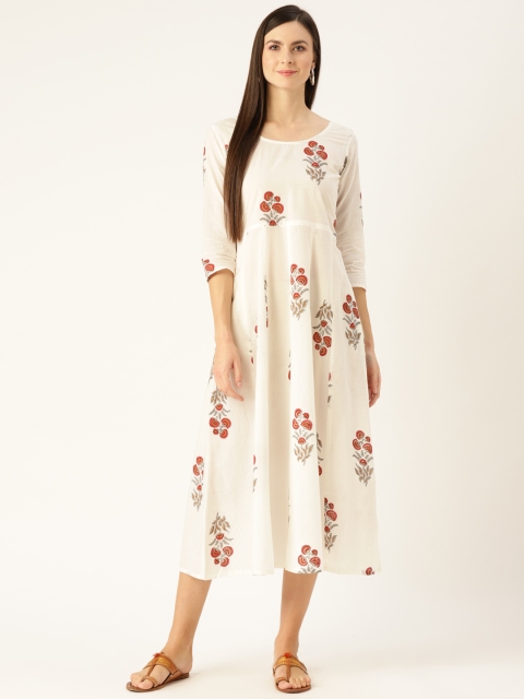 

Nayo Women White & Red Printed Midi Empire Dress