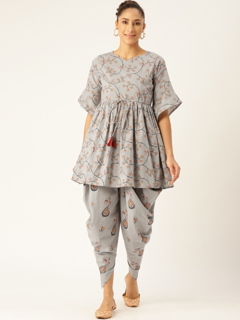 

Nayo Women Grey & Orange Printed Kurta with Dhoti Pants
