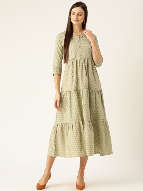

Nayo Women Green & Golden Ethnic Print Tiered Maxi Dress