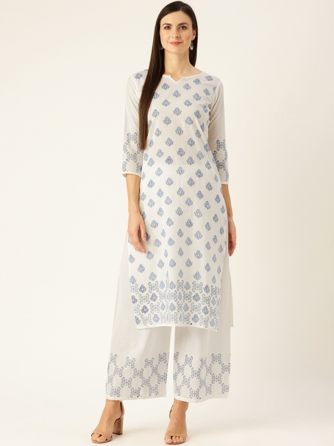 

Nayo Women White & Blue Printed Kurta with Palazzos