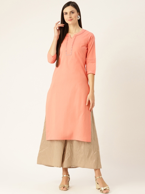 

Nayo Women Peach-Coloured Yoke Design Straight Kurta