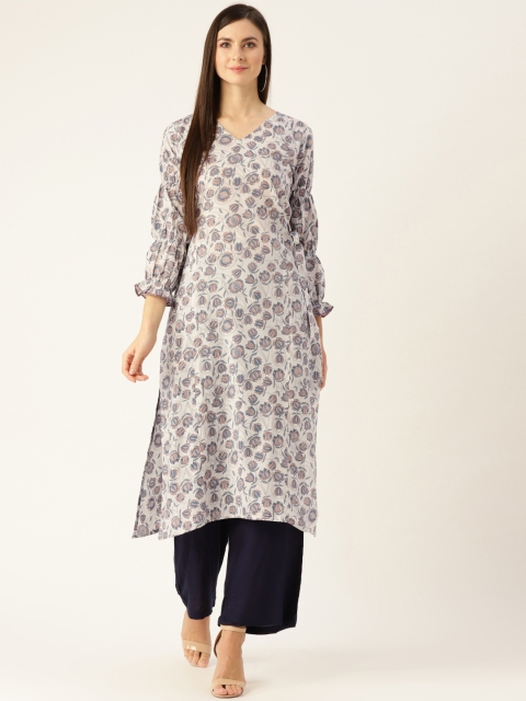 

Nayo Women Grey & Blue Ethnic Print A-Line Kurta