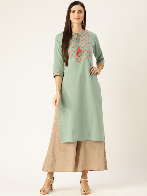 

Nayo Women Sea Green & Red Yoke Design Straight Kurta