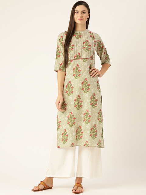 

Nayo Women Green & Pink Floral Print Straight Kurta