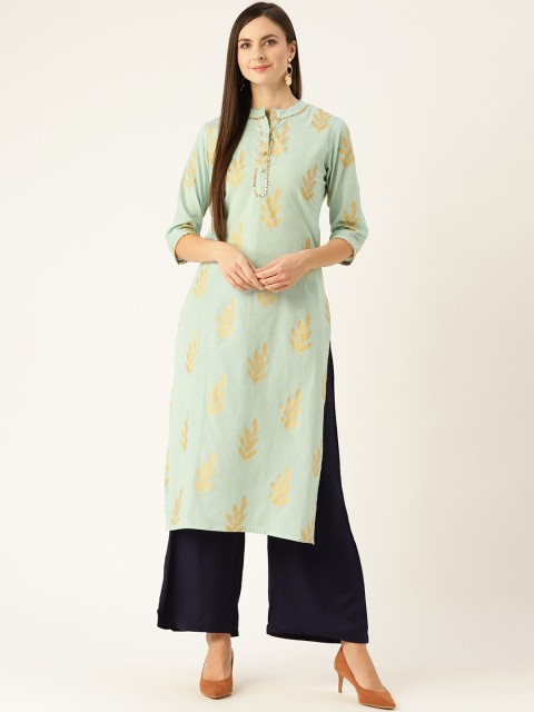 

Nayo Women Sea Green & Golden Printed Straight Kurta