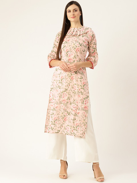 

Nayo Women Pink & Green Floral Print Straight Kurta