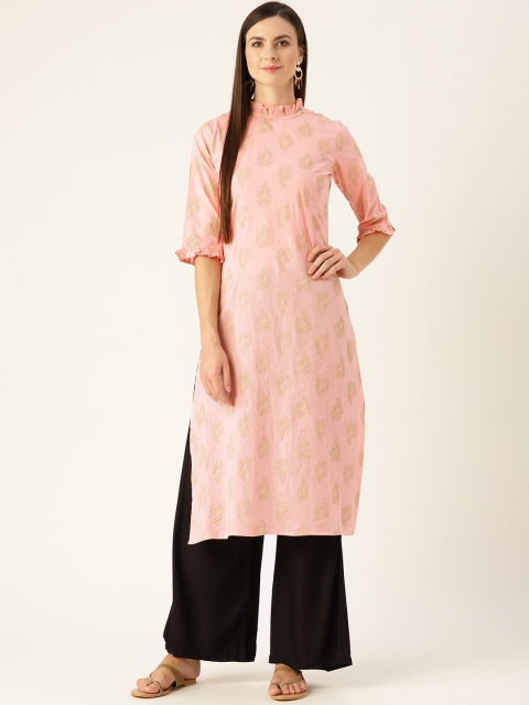 

Nayo Women Pink & Golden Ethnic Print Straight Kurta